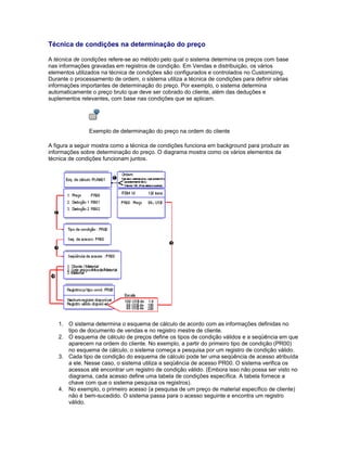 Técnica de condições na determinação do preço
A técnica de condições refere-se ao método pelo qual o sistema determina os preços com base
nas informações gravadas em registros de condição. Em Vendas e distribuição, os vários
elementos utilizados na técnica de condições são configurados e controlados no Customizing.
Durante o processamento de ordem, o sistema utiliza a técnica de condições para definir várias
informações importantes de determinação do preço. Por exemplo, o sistema determina
automaticamente o preço bruto que deve ser cobrado do cliente, além das deduções e
suplementos relevantes, com base nas condições que se aplicam.
Exemplo de determinação do preço na ordem do cliente
A figura a seguir mostra como a técnica de condições funciona em background para produzir as
informações sobre determinação do preço. O diagrama mostra como os vários elementos da
técnica de condições funcionam juntos.
1. O sistema determina o esquema de cálculo de acordo com as informações definidas no
tipo de documento de vendas e no registro mestre de cliente.
2. O esquema de cálculo de preços define os tipos de condição válidos e a seqüência em que
aparecem na ordem do cliente. No exemplo, a partir do primeiro tipo de condição (PR00)
no esquema de cálculo, o sistema começa a pesquisa por um registro de condição válido.
3. Cada tipo de condição do esquema de cálculo pode ter uma seqüência de acesso atribuída
a ele. Nesse caso, o sistema utiliza a seqüência de acesso PR00. O sistema verifica os
acessos até encontrar um registro de condição válido. (Embora isso não possa ser visto no
diagrama, cada acesso define uma tabela de condições específica. A tabela fornece a
chave com que o sistema pesquisa os registros).
4. No exemplo, o primeiro acesso (a pesquisa de um preço de material específico de cliente)
não é bem-sucedido. O sistema passa para o acesso seguinte e encontra um registro
válido.
 