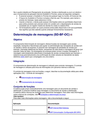 Se o usuário trabalha em Planejamento de produção, Vendas e distribuição ou se é um cliente e
usa o Componente de aplicação Internet Available to Promise, possui as seguintes vantagens:
• É possível acessar o Available to Promise de qualquer lugar no mundo, 24 horas por dia.
• O layout do Available to Promise é simples e fácil de usar. Por exemplo, para marcar o
produto de interesse, basta selecionar a linha.
• Usando a Internet, o cliente pode acessar informações sobre as quantidades disponíveis
para certos produtos sem precisar entrar em contato com o departamento de vendas da
sociedade (se um registro mestre de clientes foi criado no sistema R/3).
• Os fornecedores podem ver quais produtos ainda estão disponíveis e em que quantidade.
Isso significa que eles saberão quando antecipar fornecimentos necessários.
Determinação de mensagens (SD-BF-OC)
Objetivo
O componente Determinação de mensagens oferece funções de mensagem para vendas,
expedição, transporte e faturamento para ajudar na administração das transações de vendas com
os clientes e dentro da empresa. É possível criar mensagens de atividades de vendas (por
exemplo, chamadas telefônicas de cliente, campanhas de mala direta) e mensagens de grupo (por
exemplo, listas de frete). Os empregados da empresa podem enviar e receber mensagens. A
mensagem está diretamente relacionada à transação de vendas correspondente (por exemplo, o
sistema envia automaticamente uma confirmação de ordem através do intercâmbio de dados
eletrônico (EDI) assim que o empregado cria uma ordem).
Integração
O componente de determinação de mensagens é utilizado para controlar mensagens. O controle
de mensagens é utilizado para troca de informações com parceiros internos e externos.
O controle de mensagens inclui as funções, a seguir, descritas na documentação válida para várias
aplicações (CA) – Controle de mensagens:
• Determinação de mensagens
• Processamento de mensagens
Conjunto de funções
O sistema pode propor automaticamente uma mensagem para um documento de vendas e
distribuição. É possível modificar essa mensagem no documento de vendas e distribuição.
O sistema utiliza a técnica de condições para determinar mensagens. Para obter mais informações
sobre a técnica de condições, vide Condições e determinação do preço.
Vide também:
Para obter mais informações sobre mensagens, vide a documentação a seguir:
Aplicação Documentação
Serviços básicos
SAP Internet Mail Gateway
SAP Comunicação: Configuração (BC-SRV)
 