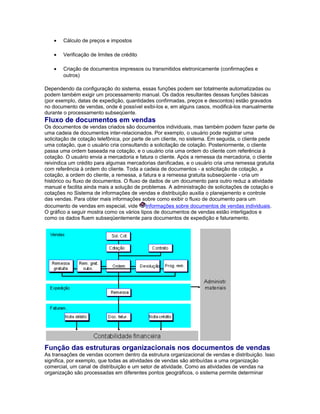 • Cálculo de preços e impostos
• Verificação de limites de crédito
• Criação de documentos impressos ou transmitidos eletronicamente (confirmações e
outros)
Dependendo da configuração do sistema, essas funções podem ser totalmente automatizadas ou
podem também exigir um processamento manual. Os dados resultantes dessas funções básicas
(por exemplo, datas de expedição, quantidades confirmadas, preços e descontos) estão gravados
no documento de vendas, onde é possível exibi-los e, em alguns casos, modificá-los manualmente
durante o processamento subseqüente.
Fluxo de documentos em vendas
Os documentos de vendas criados são documentos individuais, mas também podem fazer parte de
uma cadeia de documentos inter-relacionados. Por exemplo, o usuário pode registrar uma
solicitação de cotação telefônica, por parte de um cliente, no sistema. Em seguida, o cliente pede
uma cotação, que o usuário cria consultando a solicitação de cotação. Posteriormente, o cliente
passa uma ordem baseada na cotação, e o usuário cria uma ordem do cliente com referência à
cotação. O usuário envia a mercadoria e fatura o cliente. Após a remessa da mercadoria, o cliente
reivindica um crédito para algumas mercadorias danificadas, e o usuário cria uma remessa gratuita
com referência à ordem do cliente. Toda a cadeia de documentos - a solicitação de cotação, a
cotação, a ordem do cliente, a remessa, a fatura e a remessa gratuita subseqüente - cria um
histórico ou fluxo de documentos. O fluxo de dados de um documento para outro reduz a atividade
manual e facilita ainda mais a solução de problemas. A administração de solicitações de cotação e
cotações no Sistema de informações de vendas e distribuição auxilia o planejamento e controle
das vendas. Para obter mais informações sobre como exibir o fluxo de documento para um
documento de vendas em especial, vide Informações sobre documentos de vendas individuais.
O gráfico a seguir mostra como os vários tipos de documentos de vendas estão interligados e
como os dados fluem subseqüentemente para documentos de expedição e faturamento.
Função das estruturas organizacionais nos documentos de vendas
As transações de vendas ocorrem dentro da estrutura organizacional de vendas e distribuição. Isso
significa, por exemplo, que todas as atividades de vendas são atribuídas a uma organização
comercial, um canal de distribuição e um setor de atividade. Como as atividades de vendas na
organização são processadas em diferentes pontos geográficos, o sistema permite determinar
 