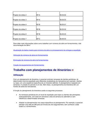 Projetor de slides 2 SP-A 36-04-02
Projetor de slides 3 SP-A 36-04-03
Projetor de slides 4 SP-B 36-05-01
Projetor de slides 5 SP-B 36-05-02
Projetor de slides 6 SP-B 36-05-03
Projetor de slides 7 SP-C 36-06-03
Para obter mais informações sobre como trabalhar com números de série em fornecimentos, vide
documentação da QM e:
Atualização de dados mestre para números de série no processamento de entregas e expedição
Atribuição de números de série em fornecimentos
Eliminação de números de série de fornecimentos
Criação de equipamentos em fornecimentos
Trabalho com planejamentos de itinerários
Utilização
Com um planejamento de itinerários, é possível controlar remessas de clientes periódicas, de
determinado local de expedição para diferentes recebedores da mercadoria (por exemplo, clientes
ou lojas), em uma seqüência específica de um itinerário definido. O planejamento é baseado em
semanas. A unidade do período é um dia. Além disso, os planejamentos de itinerários têm um
horário de saída de mercadorias.
A função do planejamento de itinerários aceita os seguintes processos:
• As remessas periódicas de um local de expedição para lojas ou clientes são planejadas
antecipadamente, com base em semanas e dias de semana do calendário e sem
referência a determinadas remessas.
• Adaptar os planejamentos nos casos específicos ao planejamento. Por exemplo, é possível
planejar uma data de SM para as 8 horas de uma segunda-feira, sem conhecer a data
exata ou o fornecimento.
 