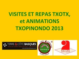 VISITES ET REPAS TXOTX,
     et ANIMATIONS
   TXOPINONDO 2013



                          1
 