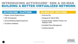 INTRODUCING ACTIVECORE
SM
SDN & SD-WAN
BUILDING A BETTER VIRTUALIZED NETWORK
4 Comcast Proprietary & Confidential
ACTIVECORESM
PLATFORM
• Hosted, Carrier-Grade Solution
• VNF Orchestration
• Ground-Breaking Digital Experience
• Touchless Installation
• Over-the-Top
• Designed for Hybrid WAN
• Includes Router, Stateful Firewall, and
Multipoint VPN
• Simplified Policy Management
• Underlay Agnostic
SD-WAN KEY FEATURES
 