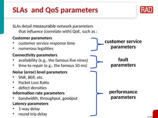 SD-WAN 6
SLAs and QoS parameters
SLAs detail measurable network parameters
that influence (correlate with) QoE, such as :
Customer parameters
• customer service response time
• numerous legalities
Connectivity parameters
• availability (e.g., the famous five nines)
• time to repair (e.g., the famous 50 ms)
Noise (error) level parameters
• SNR, BER, etc.
• Packet Loss Ratio
• defect densities
Information rate parameters
• bandwidth, throughput, goodput
Latency parameters
• 1-way delay
• round trip delay
performance
parameters
customer service
parameters
fault
parameters
 