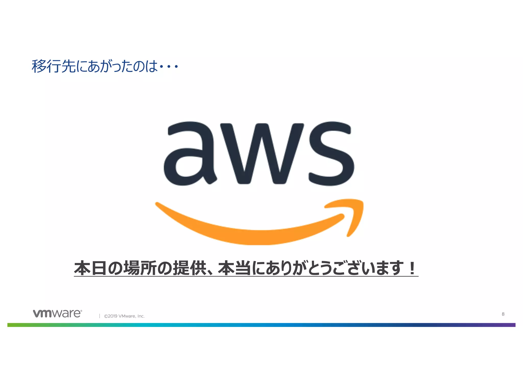 │ ©2019 VMware, Inc. 8
移⾏先にあがったのは・・・
本⽇の場所の提供、本当にありがとうございます︕
 