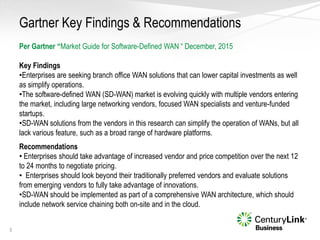 Gartner Key Findings & Recommendations
5
Per Gartner “Market Guide for Software-Defined WAN “ December, 2015
Key Findings
•Enterprises are seeking branch office WAN solutions that can lower capital investments as well
as simplify operations.
•The software-defined WAN (SD-WAN) market is evolving quickly with multiple vendors entering
the market, including large networking vendors, focused WAN specialists and venture-funded
startups.
•SD-WAN solutions from the vendors in this research can simplify the operation of WANs, but all
lack various feature, such as a broad range of hardware platforms.
Recommendations
• Enterprises should take advantage of increased vendor and price competition over the next 12
to 24 months to negotiate pricing.
• Enterprises should look beyond their traditionally preferred vendors and evaluate solutions
from emerging vendors to fully take advantage of innovations.
•SD-WAN should be implemented as part of a comprehensive WAN architecture, which should
include network service chaining both on-site and in the cloud.
 