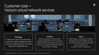 Ericsson Internal | 2018-02-214/221 09-FGB 101 0800 Uen | A | 2019-09-03 | SD-WAN is an orchestration game | Ericsson Confidential | Page 11 (13)
Customercase–
Verizonvirtualnetworkservices
Challenge
Create new value for enterprise
customers. Add capabilities to the
customer digital journey in a more
agile and adaptable way.
Solution
Ericsson Dynamic Orchestration
supports the full life cycle of service
implementation and assurance. Third
parties can rapidly onboard SD-WAN
into Verizon’s catalog.
Value
Multi-vendor orchestration solution,
bundled with value-added services,
with closed-loop assurance for best
service quality for a
customer-centric experience.
4/221 09-FGB 101 0800 Uen | A | 2019-09-03 | SD-WAN is an orchestration game | Ericsson Confidential | Page 11 (13)
 