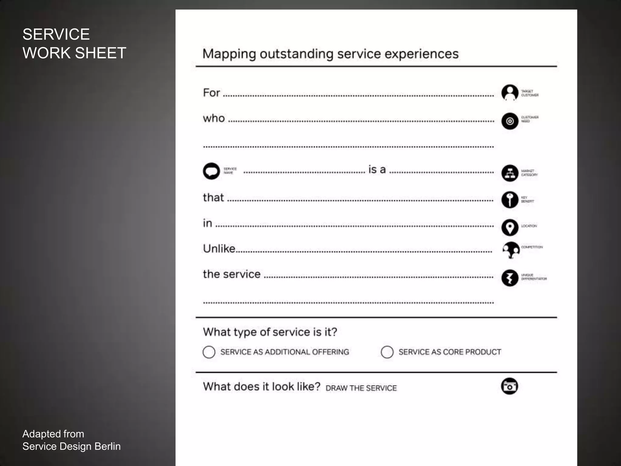 SERVICE
WORK SHEET




Adapted from
Service Design Berlin
 