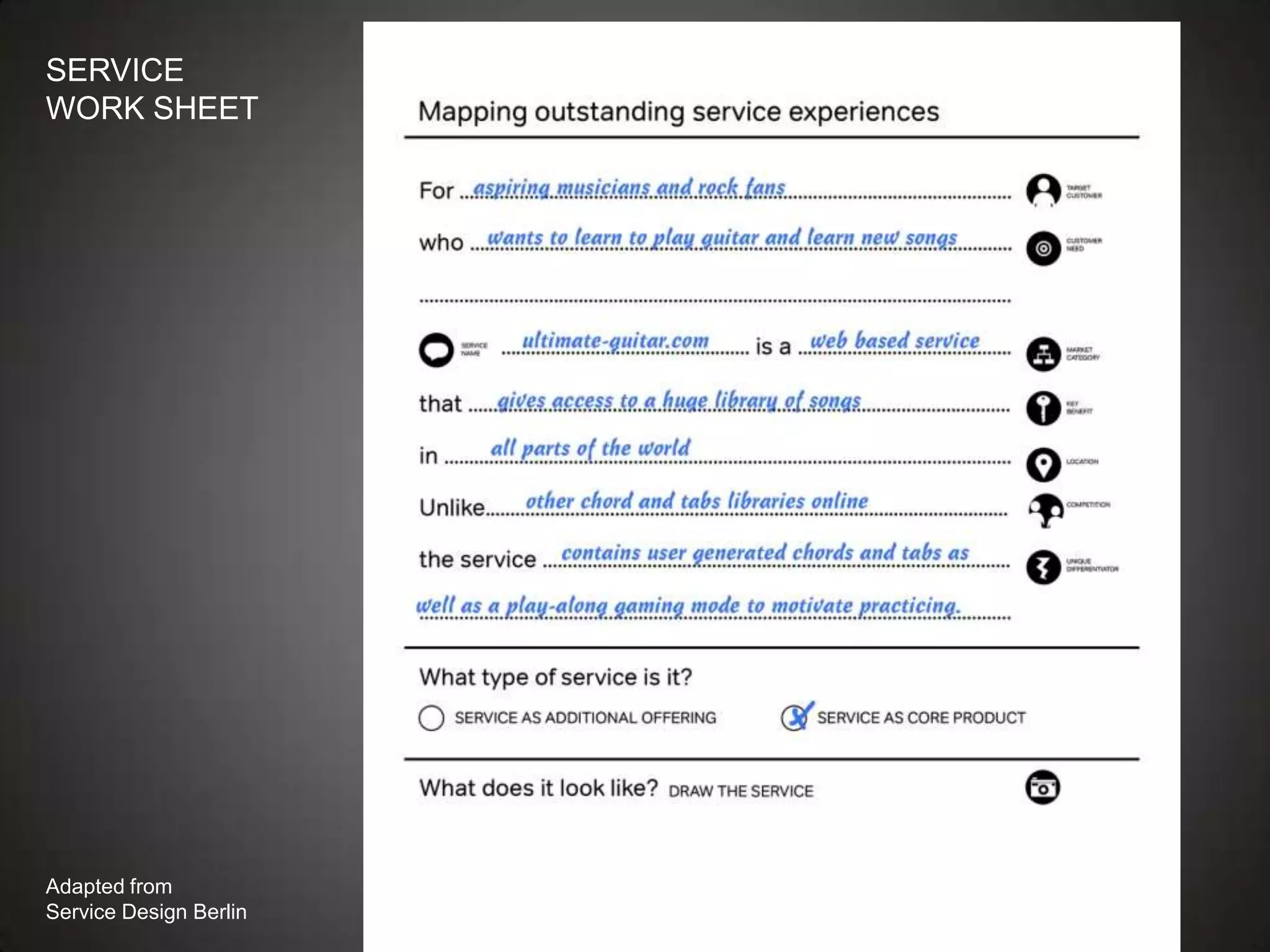 SERVICE
WORK SHEET




Adapted from
Service Design Berlin
 