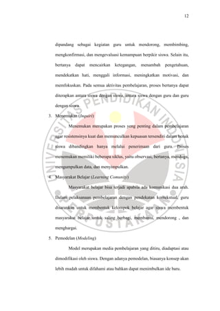 12




   dipandang sebagai kegiatan guru untuk mendorong, membimbing,

   mengkonfirmasi, dan mengevaluasi kemampuan berpikir siswa. Selain itu,

   bertanya   dapat   mencairkan   ketegangan,   menambah    pengetahuan,

   mendekatkan hati, menggali informasi, meningkatkan motivasi, dan

   memfokuskan. Pada semua aktivitas pembelajaran, proses bertanya dapat

   diterapkan antara siswa dengan siswa, antara siswa dengan guru dan guru

   dengan siswa.

3. Menemukan (Inquiri)

          Menemukan merupakan proses yeng penting dalam pembelajaran

   agar resistensinya kuat dan memunculkan kepuasan tersendiri dalam benak

   siswa dibandingkan hanya melalui penerimaan dari guru. Proses

   menemukan memiliki beberapa siklus, yaitu observasi, bertanya, menduga,

   mengumpulkan data, dan menyimpulkan.

4. Masyarakat Belajar (Learning Comunity)

          Masyarakat belajar bisa terjadi apabila ada komunikasi dua arah.

   Dalam pelaksanaan pembelajaran dengan pendekatan kontekstual, guru

   disarankan untuk membentuk kelompok belajar agar siswa membentuk

   masyarakat belajar untuk saling berbagi, membantu, mendorong , dan

   menghargai.

5. Pemodelan (Modeling)

          Model merupakan media pembelajaran yang ditiru, diadaptasi atau

   dimodifikasi oleh siswa. Dengan adanya pemodelan, biasanya konsep akan

   lebih mudah untuk difahami atau bahkan dapat menimbulkan ide baru.
 