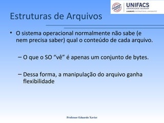 Estruturas de Arquivos
• O sistema operacional normalmente não sabe (e
nem precisa saber) qual o conteúdo de cada arquivo.
– O que o SO “vê” é apenas um conjunto de bytes.
– Dessa forma, a manipulação do arquivo ganha
flexibilidade
Professor Eduardo Xavier
 
