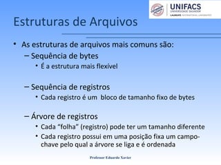 Estruturas de Arquivos
• As estruturas de arquivos mais comuns são:
– Sequência de bytes
• É a estrutura mais flexível
– Sequência de registros
• Cada registro é um bloco de tamanho fixo de bytes
– Árvore de registros
• Cada “folha” (registro) pode ter um tamanho diferente
• Cada registro possui em uma posição fixa um campo-
chave pelo qual a árvore se liga e é ordenada
Professor Eduardo Xavier
 