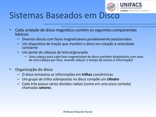 Sistemas Baseados em Disco
• Cada unidade de disco magnético contém os seguintes componentes
básicos:
– Diversos discos com faces magnetizáveis paralelamente posicionados
– Um dispositivo de tração que mantém o disco em rotação à velocidade
constante
– Um pente de cabeças de leitura/gravação
• Uma cabeça para cada face magnetizável do disco (existem dispositivos com mais
de uma cabeça por face, visando reduzir o tempo de acesso à informação)
• Organização do disco
– O disco armazena as informações em trilhas concêntricas
– Um grupo de trilha sobrepostas no disco compõe um cilindro
– Cada trila possui várias divisões radiais (como em uma pizza cortada)
chamadas setores.
Professor Eduardo Xavier
 