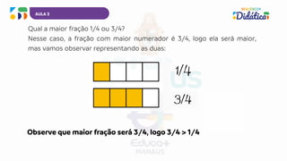 AULA 3
Qual a maior fração 1/4 ou 3/4?
Nesse caso, a fração com maior numerador é 3/4, logo ela será maior,
mas vamos observar representando as duas:
Observe que maior fração será 3/4, logo 3/4 > 1/4
 