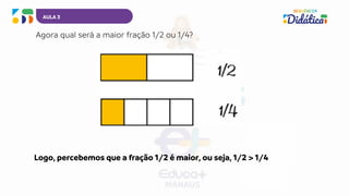 AULA 3
Agora qual será a maior fração 1/2 ou 1/4?
Logo, percebemos que a fração 1/2 é maior, ou seja, 1/2 > 1/4
 