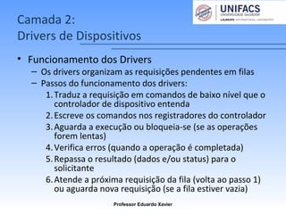 Camada 2:
Drivers de Dispositivos
• Funcionamento dos Drivers
– Os drivers organizam as requisições pendentes em filas
– Passos do funcionamento dos drivers:
1.Traduz a requisição em comandos de baixo nível que o
controlador de dispositivo entenda
2.Escreve os comandos nos registradores do controlador
3.Aguarda a execução ou bloqueia-se (se as operações
forem lentas)
4.Verifica erros (quando a operação é completada)
5.Repassa o resultado (dados e/ou status) para o
solicitante
6.Atende a próxima requisição da fila (volta ao passo 1)
ou aguarda nova requisição (se a fila estiver vazia)
Professor Eduardo Xavier
 