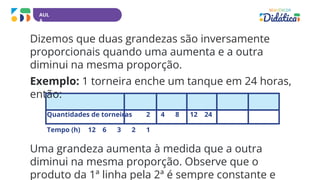 AUL
A
Dizemos que duas grandezas são inversamente
proporcionais quando uma aumenta e a outra
diminui na mesma proporção.
Exemplo: 1 torneira enche um tanque em 24 horas,
então:
Quantidades de torneiras 2 4 8 12 24
Tempo (h) 12 6 3 2 1
Uma grandeza aumenta à medida que a outra
diminui na mesma proporção. Observe que o
produto da 1ª linha pela 2ª é sempre constante e
 