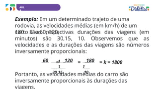 AUL
A
Exemplo: Em um determinado trajeto de uma
rodovia, as velocidades médias (em km/h) de um
carro são 60, 120,
180. E as respectivas durações das viagens (em
minutos) são 30,15, 10. Observemos que as
velocidades e as durações das viagens são números
inversamente proporcionais:
60 = 120 = 180 = k = 1800
Portanto, as velocidades médias do carro são
inversamente proporcionais às durações das
viagens.
1
1
30 15
1
10
 