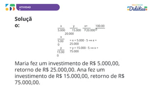ATIVIDAD
E
Soluçã
o: x
x
5.000 15.000 20.000
20.000
= x = 5.000 ∙ 5 ⟹ x =
25.000
5.00
0
y
= y = 15.000 ∙ 5 ⟹ x =
75.000
y
15.00
0
x+
y
100.00
0
Maria fez um investimento de R$ 5.000,00,
retorno de R$ 25.000,00. Ana fez um
investimento de R$ 15.000,00, retorno de R$
75.000,00.
 