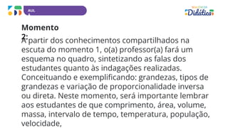 AUL
A
Momento
2:
A partir dos conhecimentos compartilhados na
escuta do momento 1, o(a) professor(a) fará um
esquema no quadro, sintetizando as falas dos
estudantes quanto às indagações realizadas.
Conceituando e exemplificando: grandezas, tipos de
grandezas e variação de proporcionalidade inversa
ou direta. Neste momento, será importante lembrar
aos estudantes de que comprimento, área, volume,
massa, intervalo de tempo, temperatura, população,
velocidade,
 