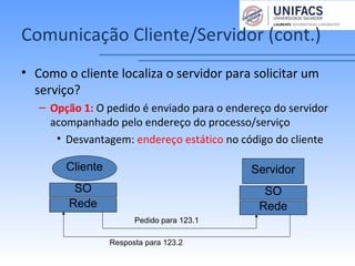 Comunicação Cliente/Servidor (cont.)
• Como o cliente localiza o servidor para solicitar um
serviço?
– Opção 1: O pedido é enviado para o endereço do servidor
acompanhado pelo endereço do processo/serviço
• Desvantagem: endereço estático no código do cliente
Cliente Servidor
SO SO
Rede Rede
Pedido para 123.1
Resposta para 123.2
 
