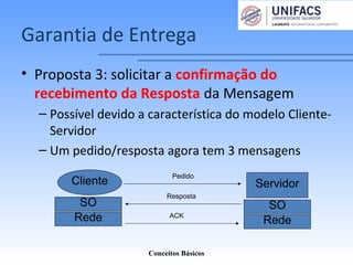 Garantia de Entrega
• Proposta 3: solicitar a confirmação do
recebimento da Resposta da Mensagem
– Possível devido a característica do modelo Cliente-
Servidor
– Um pedido/resposta agora tem 3 mensagens
Conceitos Básicos
Cliente Servidor
SO SO
Rede Rede
Pedido
Resposta
ACK
 