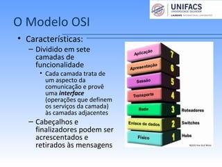 O Modelo OSI
• Características:
– Dividido em sete
camadas de
funcionalidade
• Cada camada trata de
um aspecto da
comunicação e provê
uma interface
(operações que definem
os serviços da camada)
às camadas adjacentes
– Cabeçalhos e
finalizadores podem ser
acrescentados e
retirados às mensagens
 