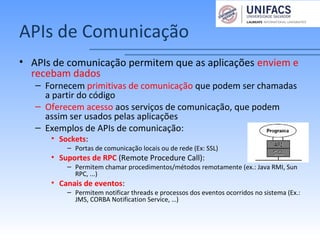 APIs de Comunicação
• APIs de comunicação permitem que as aplicações enviem e
recebam dados
– Fornecem primitivas de comunicação que podem ser chamadas
a partir do código
– Oferecem acesso aos serviços de comunicação, que podem
assim ser usados pelas aplicações
– Exemplos de APIs de comunicação:
• Sockets:
– Portas de comunicação locais ou de rede (Ex: SSL)
• Suportes de RPC (Remote Procedure Call):
– Permitem chamar procedimentos/métodos remotamente (ex.: Java RMI, Sun
RPC, ...)
• Canais de eventos:
– Permitem notificar threads e processos dos eventos ocorridos no sistema (Ex.:
JMS, CORBA Notification Service, …)
 
