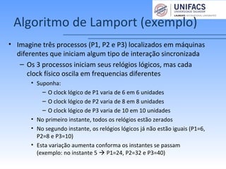 Algoritmo de Lamport (exemplo)
• Imagine três processos (P1, P2 e P3) localizados em máquinas
diferentes que iniciam algum tipo de interação sincronizada
– Os 3 processos iniciam seus relógios lógicos, mas cada
clock físico oscila em frequencias diferentes
• Suponha:
– O clock lógico de P1 varia de 6 em 6 unidades
– O clock lógico de P2 varia de 8 em 8 unidades
– O clock lógico de P3 varia de 10 em 10 unidades
• No primeiro instante, todos os relógios estão zerados
• No segundo instante, os relógios lógicos já não estão iguais (P1=6,
P2=8 e P3=10)
• Esta variação aumenta conforma os instantes se passam
(exemplo: no instante 5  P1=24, P2=32 e P3=40)
 