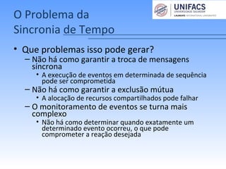 O Problema da
Sincronia de Tempo
• Que problemas isso pode gerar?
– Não há como garantir a troca de mensagens
síncrona
• A execução de eventos em determinada de sequência
pode ser comprometida
– Não há como garantir a exclusão mútua
• A alocação de recursos compartilhados pode falhar
– O monitoramento de eventos se turna mais
complexo
• Não há como determinar quando exatamente um
determinado evento ocorreu, o que pode
comprometer a reação desejada
 