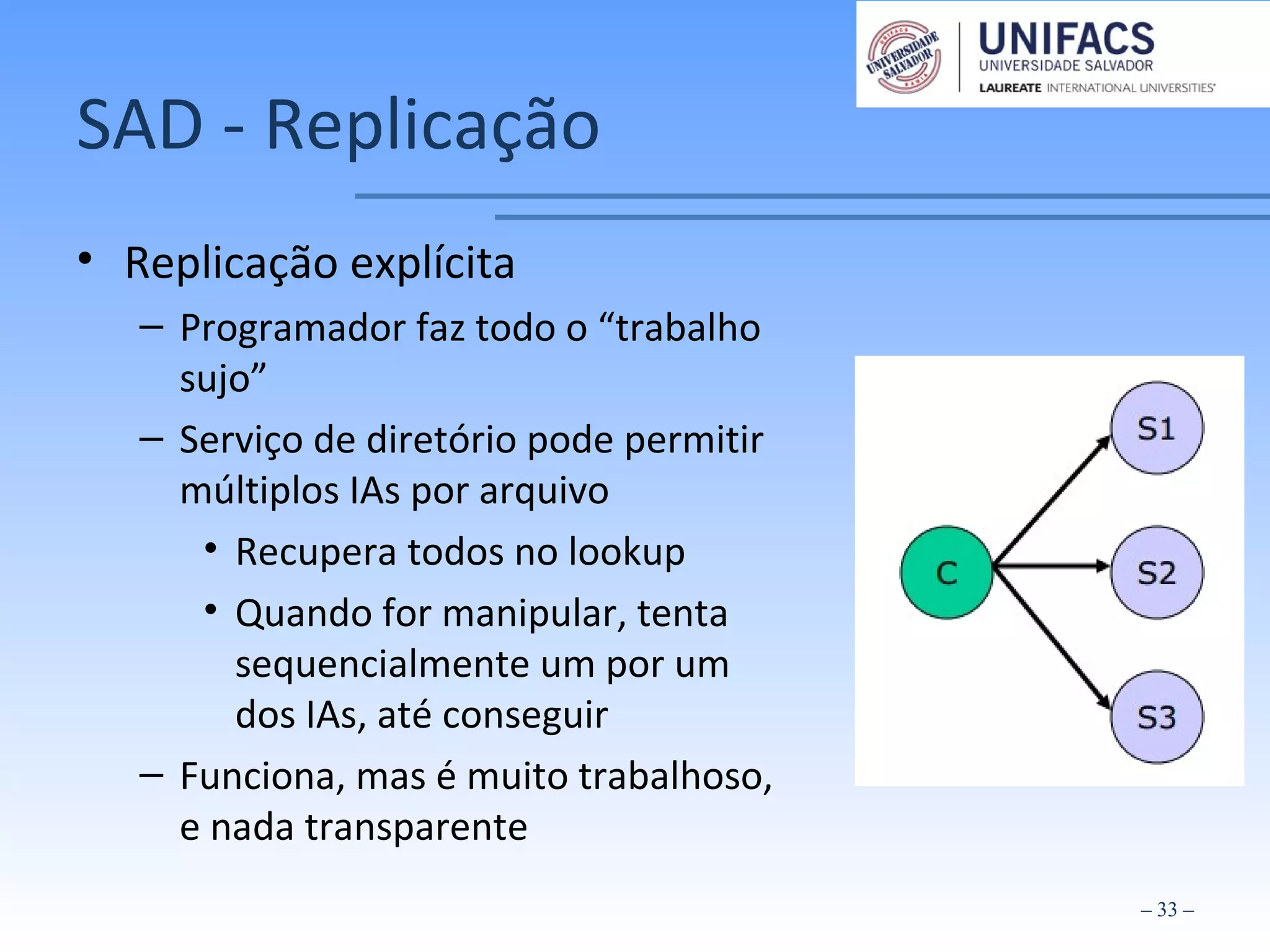 SAD - Replicação
• Replicação explícita
– Programador faz todo o “trabalho
sujo”
– Serviço de diretório pode permitir
múltiplos IAs por arquivo
• Recupera todos no lookup
• Quando for manipular, tenta
sequencialmente um por um
dos IAs, até conseguir
– Funciona, mas é muito trabalhoso,
e nada transparente
– 33 –
 
