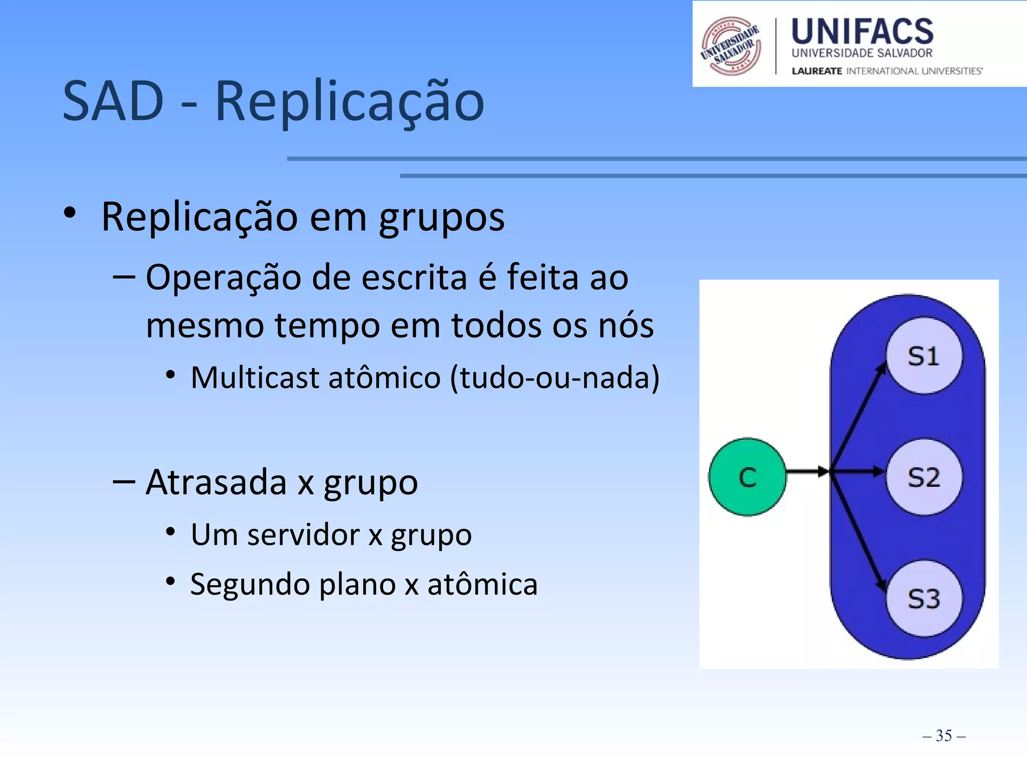SAD - Replicação
• Replicação em grupos
– Operação de escrita é feita ao
mesmo tempo em todos os nós
• Multicast atômico (tudo-ou-nada)
– Atrasada x grupo
• Um servidor x grupo
• Segundo plano x atômica
– 35 –
 