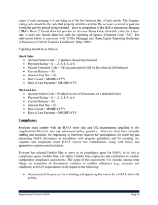 status of each mortgage it is servicing as of the last business day of each month. The Payment
Rating code should be the code that properly identifies whether the account is current or past due
within the activity period being reported – prior to completion of the HAFA transaction. Because
CDIA’s Metro 2 format does not provide an Account Status Code allowable value for a short
sale, a short sale should identified with the reporting of Special Comment Code “AU”. The
information below is consistent with “CDIA Mortgage and Home Equity Reporting Guidelines
in Response to Current Financial Conditions” (May 2009).

Reporting should be as follows:

Short Sales
    Account Status Code = 13 (paid or closed/zero balance)
    Payment Rating = 0, 1, 2, 3, 4, 5, or 6
    Special Comment Code = AU (account paid in full for less than the full balance)
    Current Balance = $0
    Amount Past Due = $0
    Date Closed = MMDDYYYY
    Date of Last Payment = MMDDYYYY

Deed-in-Lieu
    Account Status Code = 89 (deed-in-lieu of foreclosure on a defaulted loan)
    Payment Rating = 0, 1, 2, 3, 4, 5, or 6
    Current Balance = $0
    Amount Past Due = $0
    Date Closed = MMDDYYYY
    Date of Last Payment = MMDDYYYY

Compliance
Servicers must comply with the HAFA short sale and DIL requirements specified in this
Supplemental Directive and any subsequent policy guidance. Servicers must have adequate
staffing and resources for responding to borrower requests for participation, for receiving and
processing HAFA documents in accordance with program guidelines and for ensuring that
inquiries and complaints about HAFA receive fair consideration, along with timely and
appropriate response and resolution.

Treasury has selected Freddie Mac to serve as its compliance agent for HAFA. In its role as
compliance agent, Freddie Mac will utilize Freddie Mac employees and contractors to conduct
independent compliance assessments. The scope of the assessments will include, among other
things, an evaluation of documented evidence to confirm adherence (e.g., accuracy and
timeliness) to HAFA requirements with respect to the following:

       Assessment of the process for evaluating and approving borrowers for a HAFA short sale
        or DIL.




Supplemental Directive 09-09                                                               Page 14
 
