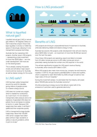 What is liquefied
natural gas?
Liquefied natural gas (LNG) is natural
gas chilled to -161 degrees Celsius so
that it becomes a liquid. Once it has
been liquefied, it shrinks to 1/600 the
space of natural gas, allowing it to be
transported in purpose-built ships.
Australia has four operating LNG
projects. Another seven LNG projects
– representing a total investment
of more than $200 billion – are now
under development. Still more are
on the drawing board.
This is already creating thousands
of jobs and will deliver major export
income and tax revenue for Australia,
as well as cleaner energy for the world.
How is LNG produced?
Is LNG safe?
LNG has been safely transported
around the world for decades,
giving millions of people access
to a cleaner energy source.
LNG does not contain any oxygen,
which is needed for combustion,
so it won’t burn. It’s not stored or
transported under pressure and is not
explosive. Evaporated LNG does not
pollute the air and leaves no residue
on land or in water. Because LNG
weighs less than water, it will float if
spilled and then evaporate quickly.
LNG is transported by large double-
hulled ships. More than 135,000
LNG carrier voyages have taken
place without major accidents or
safety or security problems, either
in port or at sea.3
Benefits of LNG
LNG projects are driving an unprecedented level of investment in Australia,
while also delivering reliable and cleaner energy to Asia.
Australia has several LNG projects under development that will cost industry
about $200 billion to build – an investment of more than $1,200 per second
over the next five years.
Once these LNG projects are operating, exports are likely to increase
from 24 million tonnes per annum to 85 million tonnes per annum –
potentially making Australia the number one LNG exporter in the world.
This will also significantly increase the LNG export revenue flowing
to Australia, which stood at $11.1 billion in 2011.
More LNG projects also mean more income tax, company tax and resource
royalties. In 2011-12, the gas industry paid $8.8 billion in taxes and royalties,
which is expected to reach $12.8 billion by 2020, enough to build six new
major state-of-the-art hospitals.4
During this investment phase, it is estimated that the industry will create
about 100,000 jobs across the Australian economy.5
All while producing an energy source that delivers nearly half of the
emissions of coal when used to generate electricity.6
PNG LNG Plant, Papua New Guinea
1 2 3 4 5Well Liquefaction LNG Shipping Regasification Customers
 