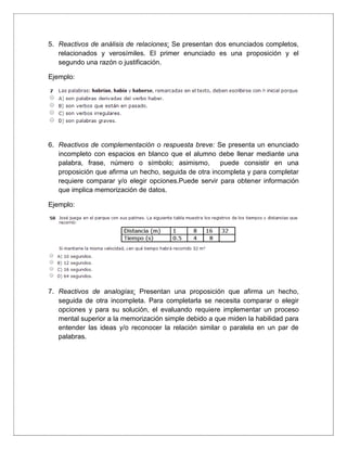 5. Reactivos de análisis de relaciones: Se presentan dos enunciados completos,
relacionados y verosímiles. El primer enunciado es una proposición y el
segundo una razón o justificación.
Ejemplo:
6. Reactivos de complementación o respuesta breve: Se presenta un enunciado
incompleto con espacios en blanco que el alumno debe llenar mediante una
palabra, frase, número o símbolo; asimismo, puede consistir en una
proposición que afirma un hecho, seguida de otra incompleta y para completar
requiere comparar y/o elegir opciones.Puede servir para obtener información
que implica memorización de datos.
Ejemplo:
7. Reactivos de analogías: Presentan una proposición que afirma un hecho,
seguida de otra incompleta. Para completarla se necesita comparar o elegir
opciones y para su solución, el evaluando requiere implementar un proceso
mental superior a la memorización simple debido a que miden la habilidad para
entender las ideas y/o reconocer la relación similar o paralela en un par de
palabras.
 