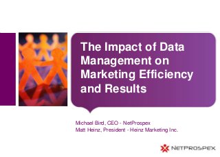 Place image here
The Impact of Data
Management on
Marketing Efficiency
and Results
Michael Bird, CEO - NetProspex
Matt Heinz, President - Heinz Marketing Inc.
 