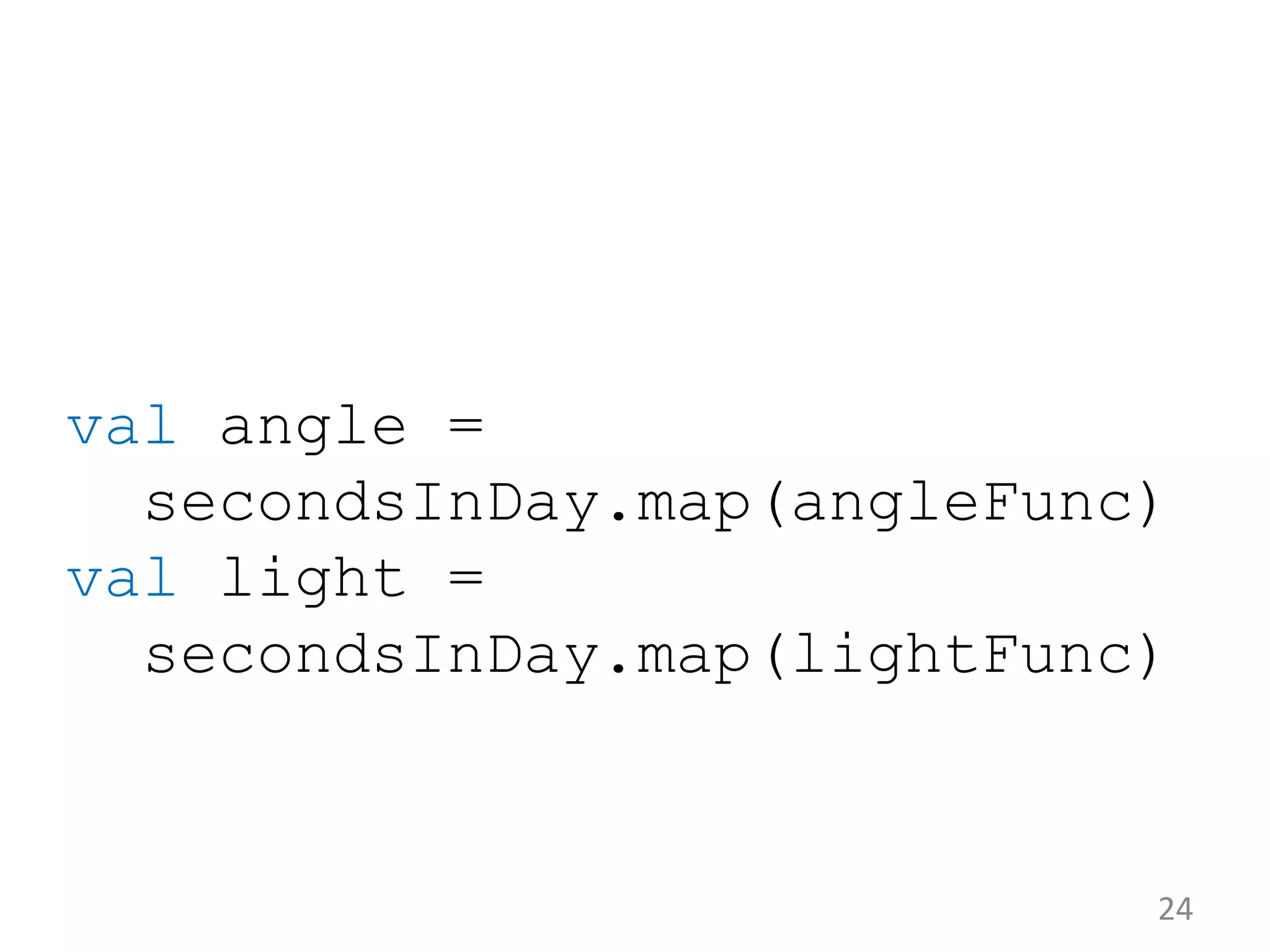 val angle = secondsInDay.map(angleFunc) val light = secondsInDay.map(lightFunc) 24 