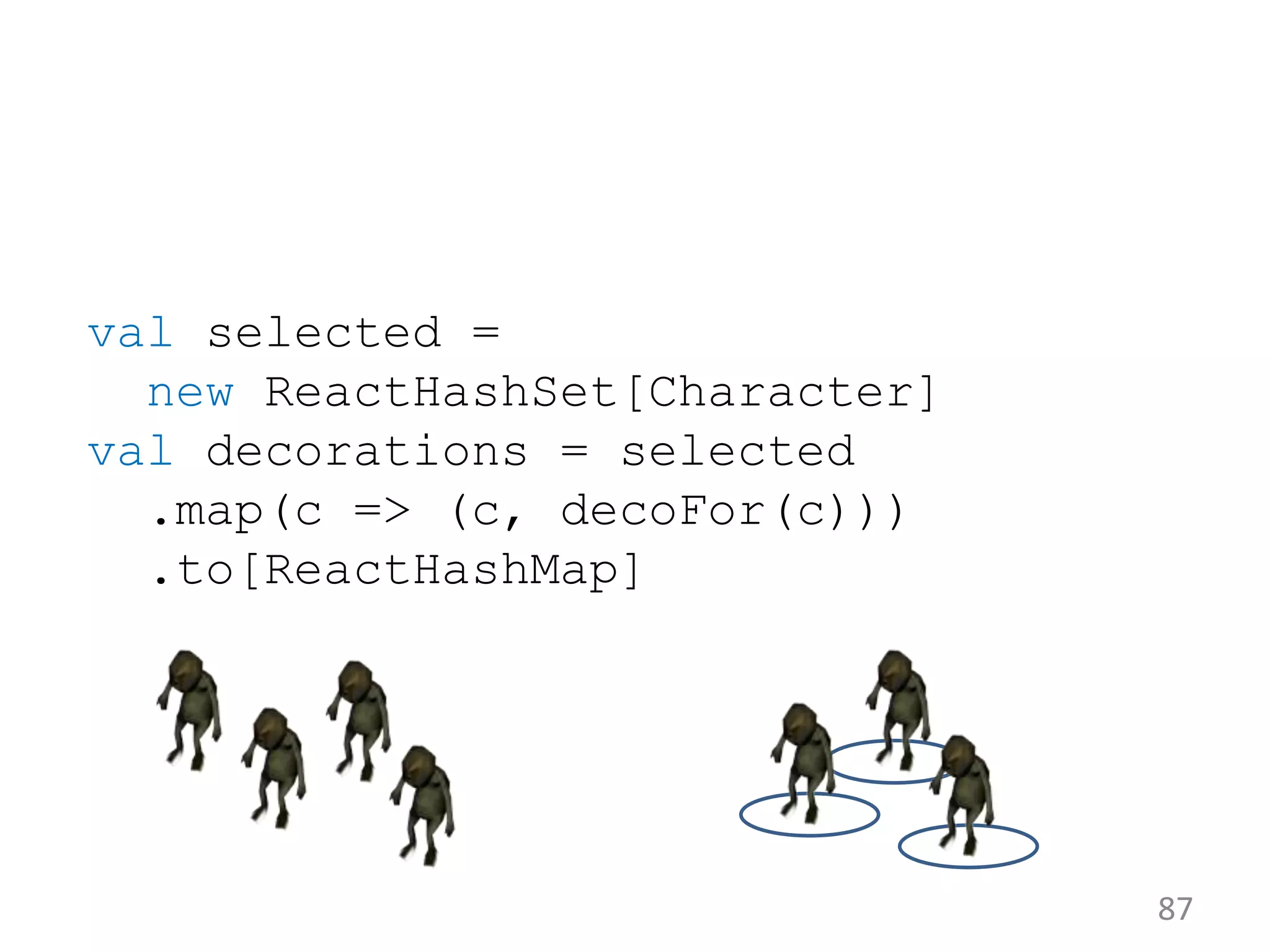 87 val selected = new ReactHashSet[Character] val decorations = selected .map(c => (c, decoFor(c))) .to[ReactHashMap] 
