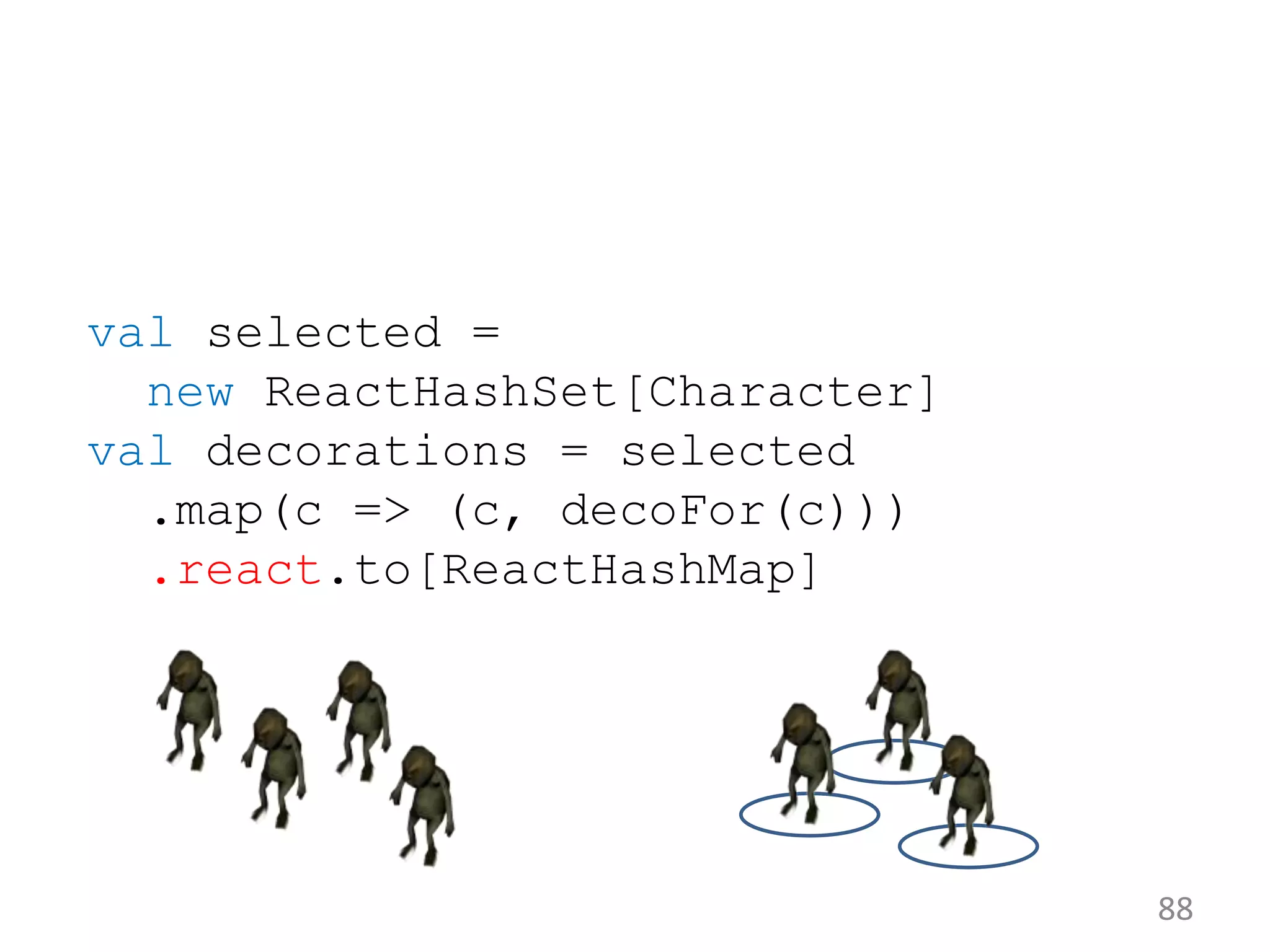 88 val selected = new ReactHashSet[Character] val decorations = selected .map(c => (c, decoFor(c))) .react.to[ReactHashMap] 