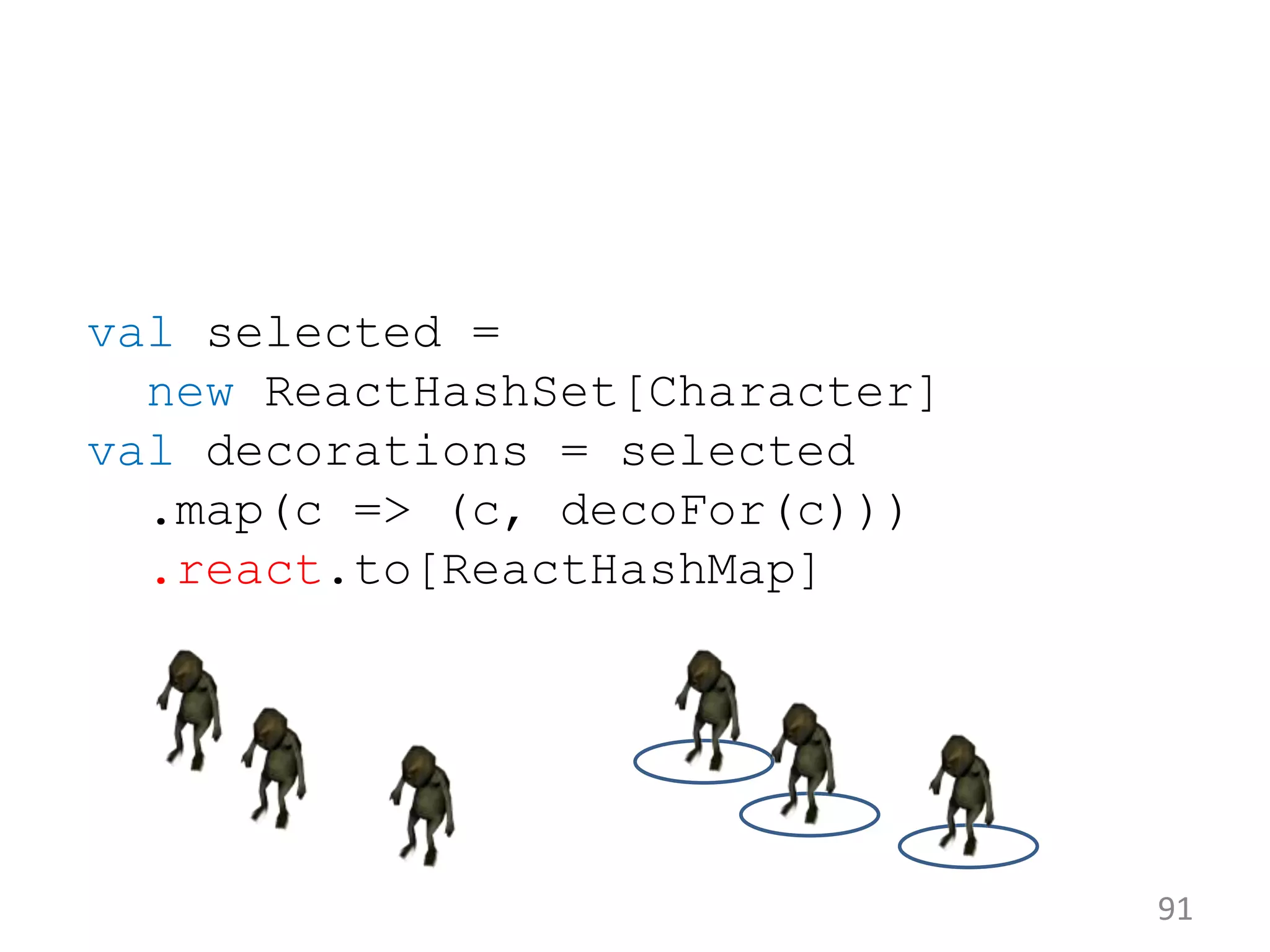 91 val selected = new ReactHashSet[Character] val decorations = selected .map(c => (c, decoFor(c))) .react.to[ReactHashMap] 