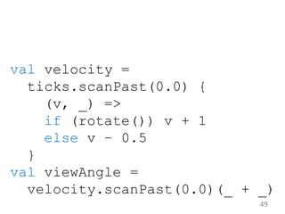 49
val velocity =
ticks.scanPast(0.0) {
(v, _) =>
if (rotate()) v + 1
else v – 0.5
}
val viewAngle =
velocity.scanPast(0.0...