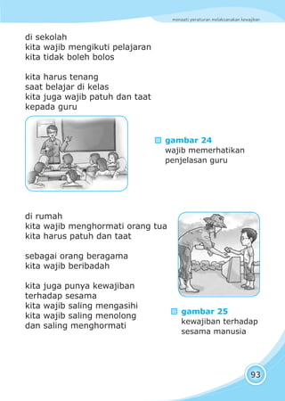 menaati peraturan melaksanakan kewajiban
93
di sekolah
kita wajib mengikuti pelajaran
kita tidak boleh bolos
kita harus tenang
saat belajar di kelas
kita juga wajib patuh dan taat
kepada guru
di rumah
kita wajib menghormati orang tua
kita harus patuh dan taat
sebagai orang beragama
kita wajib beribadah
kita juga punya kewajiban
terhadap sesama
kita wajib saling mengasihi
kita wajib saling menolong
dan saling menghormati
gambar 24
wajib memerhatikan
penjelasan guru
gambar 25
kewajiban terhadap
sesama manusia
 