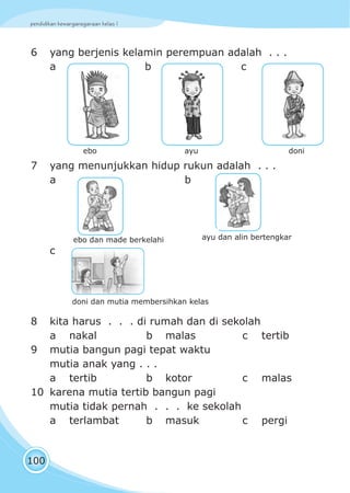 pendidikan kewarganegaraan kelas I
100
6 yang berjenis kelamin perempuan adalah . . .
a b c
7 yang menunjukkan hidup rukun adalah . . .
a b
c
8 kita harus . . . di rumah dan di sekolah
a nakal b malas c tertib
9 mutia bangun pagi tepat waktu
mutia anak yang . . .
a tertib b kotor c malas
10 karena mutia tertib bangun pagi
mutia tidak pernah . . . ke sekolah
a terlambat b masuk c pergi
ebo ayu doni
ebo dan made berkelahi ayu dan alin bertengkar
doni dan mutia membersihkan kelas
 