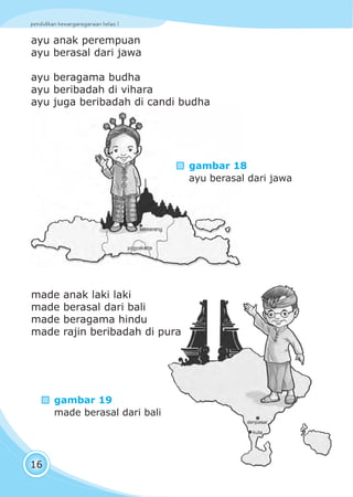 pendidikan kewarganegaraan kelas I
16
ayu anak perempuan
ayu berasal dari jawa
ayu beragama budha
ayu beribadah di vihara
ayu juga beribadah di candi budha
made anak laki laki
made berasal dari bali
made beragama hindu
made rajin beribadah di pura
gambar 18
ayu berasal dari jawa
gambar 19
made berasal dari bali
 