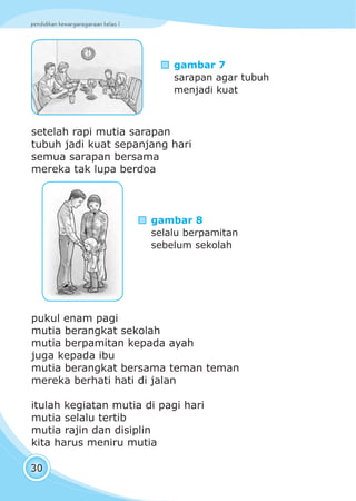 pendidikan kewarganegaraan kelas I
30
setelah rapi mutia sarapan
tubuh jadi kuat sepanjang hari
semua sarapan bersama
mereka tak lupa berdoa
pukul enam pagi
mutia berangkat sekolah
mutia berpamitan kepada ayah
juga kepada ibu
mutia berangkat bersama teman teman
mereka berhati hati di jalan
itulah kegiatan mutia di pagi hari
mutia selalu tertib
mutia rajin dan disiplin
kita harus meniru mutia
gambar 8
selalu berpamitan
sebelum sekolah
gambar 7
sarapan agar tubuh
menjadi kuat
 