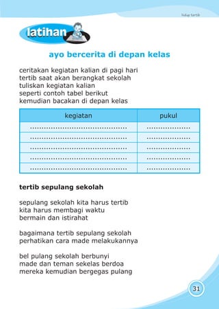 hidup tertib
31
latihanlatihan
ayo bercerita di depan kelas
ceritakan kegiatan kalian di pagi hari
tertib saat akan berangkat sekolah
tuliskan kegiatan kalian
seperti contoh tabel berikut
kemudian bacakan di depan kelas
kegiatan pukul
.......................................... ...................
.......................................... ...................
.......................................... ...................
.......................................... ...................
.......................................... ...................
tertib sepulang sekolah
sepulang sekolah kita harus tertib
kita harus membagi waktu
bermain dan istirahat
bagaimana tertib sepulang sekolah
perhatikan cara made melakukannya
bel pulang sekolah berbunyi
made dan teman sekelas berdoa
mereka kemudian bergegas pulang
 