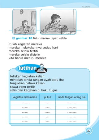 hidup tertib
37
itulah kegiatan mereka
mereka melakukannya setiap hari
mereka selalu tertib
mereka selalu disiplin
kita harus meniru mereka
latihanlatihan
tuliskan kegiatan kalian
mintalah tanda tangan ayah atau ibu
tunjukkan bahwa kalian
siswa yang tertib
salin dan kerjakan di buku tugas
kegiatan malam hari pukul tanda tangan orang tua
....... ....... ............
....... ....... ............
....... ....... ............
....... ....... ............
....... ....... ............
gambar 18 tidur malam tepat waktu
 