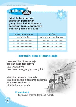 pendidikan kewarganegaraan kelas I
58
isilah kolom berikut
sebutkan permainan
yang biasa kalian lakukan
sebutkan juga manfaatnya
buatlah pada buku tulis
nama permainan manfaat
sepak bola menyehatkan badan
......................... .........................
......................... .........................
......................... .........................
......................... .........................
latihanlatihan
bermain bisa di mana saja
bermain bisa di mana saja
asalkan pada tempatnya
tepat waktunya
dan tidak mengganggu orang lain
kita bisa bermain di rumah
kita bisa bermain bersama keluarga
kita bermain di teras
atau halaman rumah
gambar 8
bermain bersama teman di rumah
 