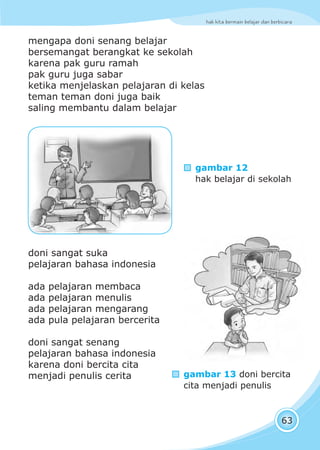 hak kita bermain belajar dan berbicara
63
mengapa doni senang belajar
bersemangat berangkat ke sekolah
karena pak guru ramah
pak guru juga sabar
ketika menjelaskan pelajaran di kelas
teman teman doni juga baik
saling membantu dalam belajar
doni sangat suka
pelajaran bahasa indonesia
ada pelajaran membaca
ada pelajaran menulis
ada pelajaran mengarang
ada pula pelajaran bercerita
doni sangat senang
pelajaran bahasa indonesia
karena doni bercita cita
menjadi penulis cerita
gambar 12
hak belajar di sekolah
gambar 13 doni bercita
cita menjadi penulis
 