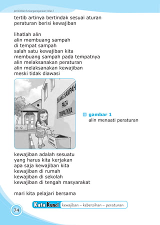 pendidikan kewarganegaraan kelas I
74
tertib artinya bertindak sesuai aturan
peraturan berisi kewajiban
lihatlah alin
alin membuang sampah
di tempat sampah
salah satu kewajiban kita
membuang sampah pada tempatnya
alin melaksanakan peraturan
alin melaksanakan kewajiban
meski tidak diawasi
kewajiban adalah sesuatu
yang harus kita kerjakan
apa saja kewajiban kita
kewajiban di rumah
kewajiban di sekolah
kewajiban di tengah masyarakat
mari kita pelajari bersama
kewajiban – kebersihan – peraturanKata Kunci
gambar 1
alin menaati peraturan
pendidikan kewarganegaraan kelas I
 