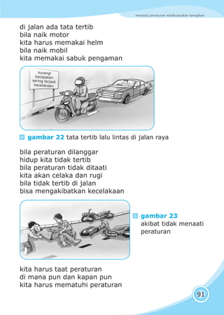 menaati peraturan melaksanakan kewajiban
91
di jalan ada tata tertib
bila naik motor
kita harus memakai helm
bila naik mobil
kita memakai sabuk pengaman
bila peraturan dilanggar
hidup kita tidak tertib
bila peraturan tidak ditaati
kita akan celaka dan rugi
bila tidak tertib di jalan
bisa mengakibatkan kecelakaan
kita harus taat peraturan
di mana pun dan kapan pun
kita harus mematuhi peraturan
kurangi
kecepatan
sering terjadi
kecelakaan
gambar 22 tata tertib lalu lintas di jalan raya
gambar 23
akibat tidak menaati
peraturan
 